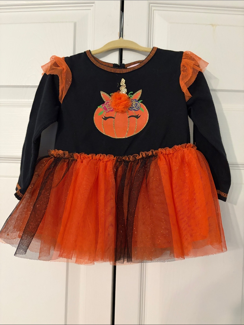 Little Lass Halloween Black and Orange Pumpkin Tutu Dress With Unicorn 24 Months